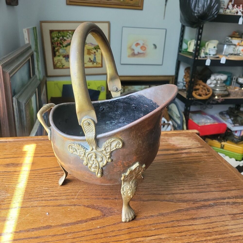 Antique Helmut Coal Scuttle Hand-Raised Seamless Hammered Copper Brass accents